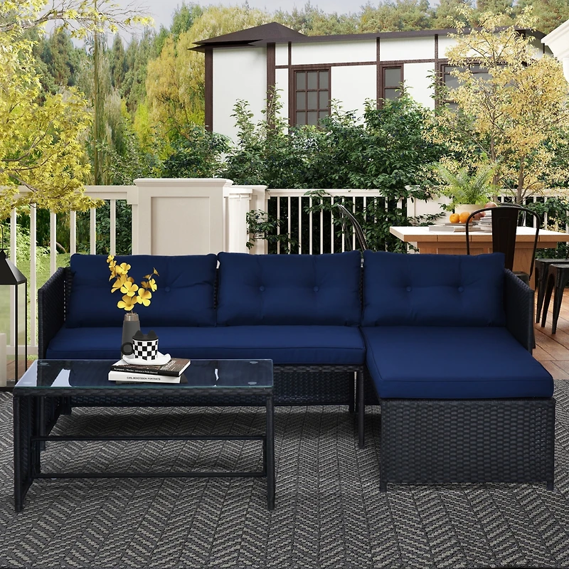 Outsunny 3-Piece Wicker Patio Furniture Sets, Rattan Conversation Sets, Sectional sofa set with Cushioned Lounge Chaise for Garden Poolside or Porch L
