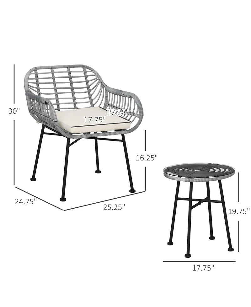 Outsunny 3 Piece Patio Set, Pe Rat Table and Chairs,