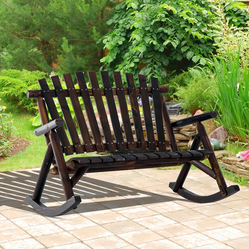 Outsunny Wooden Adirondack Rocker Loveseat 2 Seat Wood Rocking Chair Porch Carbonized
