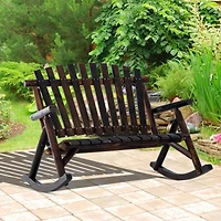 Outsunny Wooden Adirondack Rocker Loveseat 2 Seat Wood Rocking Chair Porch Carbonized