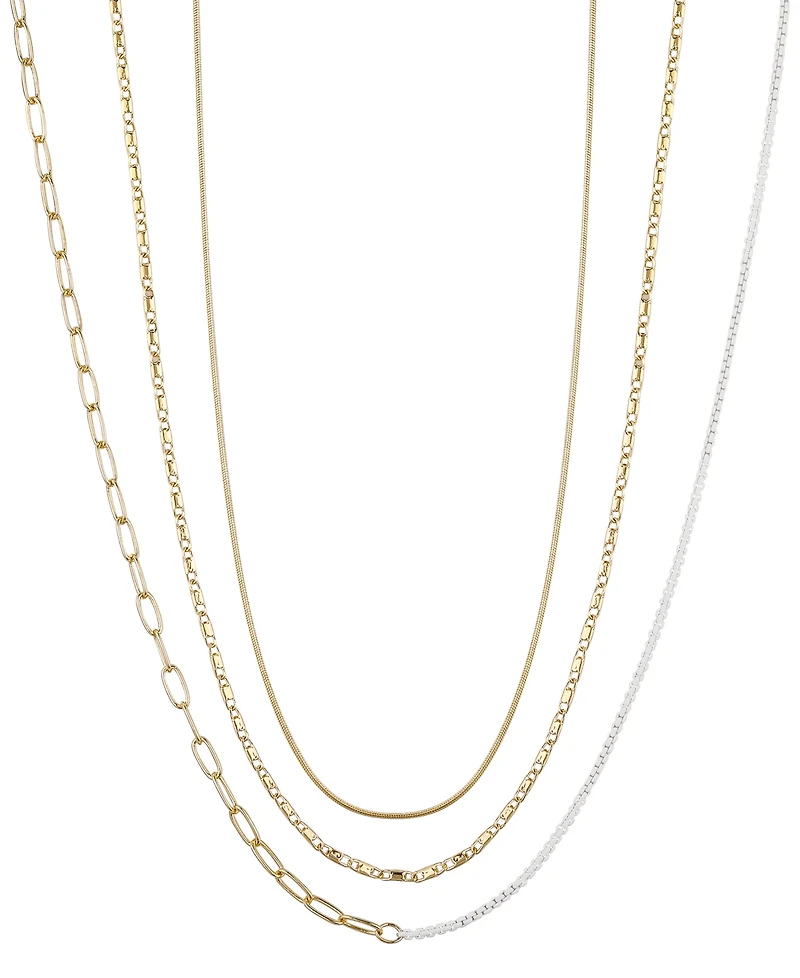 Unwritten 14k Gold Flash Plated White Enamel Paperclip Herringbone Chain Layered Necklaces, 3 Piece Set