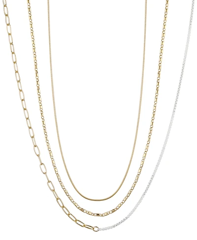Unwritten 14k Gold Flash Plated White Enamel Paperclip Herringbone Chain Layered Necklaces, 3 Piece Set