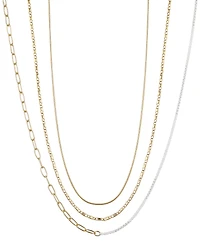 Unwritten 14k Gold Flash Plated White Enamel Paperclip Herringbone Chain Layered Necklaces, 3 Piece Set