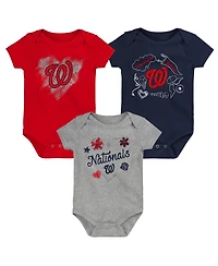 Girls Newborn and Infant Red, Navy, Heathered Gray Washington Nationals 3-Pack Batter Up Bodysuit Set