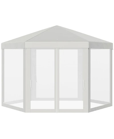 Outsunny Outdoor Party Tent Hexagon Sun Shelter Canopy with Protective Mesh Screen Walls & Proper Sun Protection, White