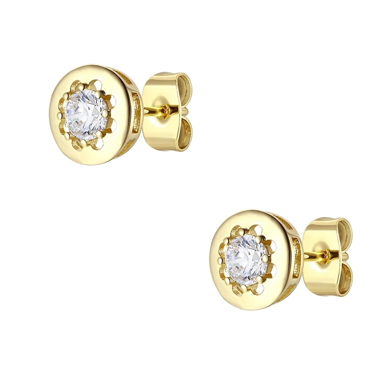 14k Gold Plated with Cubic Zirconia Round Modern Bezel Stud Earrings