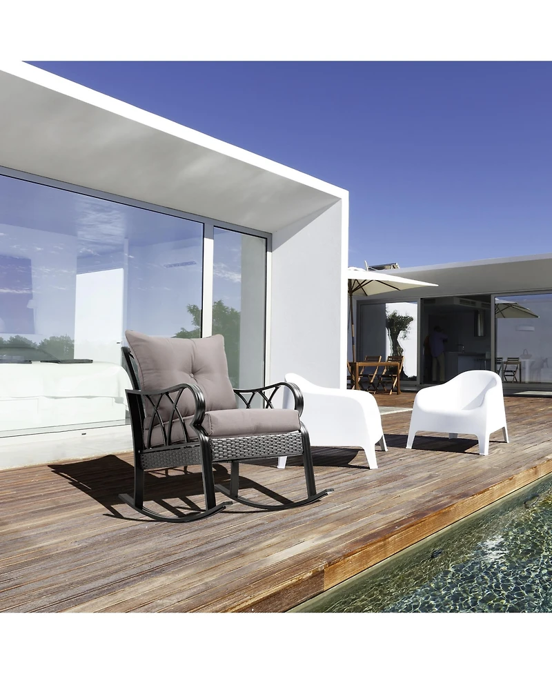 Outsunny Outdoor Wicker Rocking Chair with Padded Cushions, Aluminum Furniture Rattan Porch Rocker Chair w/ Armrest for Garden, Patio, and Backyard, G