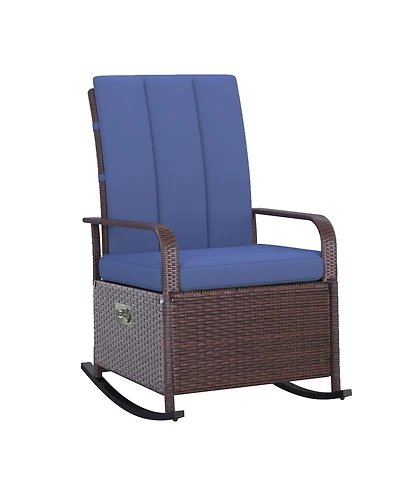 Outsunny Outdoor Rattan Wicker Rocking Chair Patio Recliner with Soft Cushion, Adjustable Footrest, Max. 135 Degree Backrest, Blue