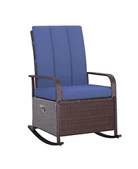 Outsunny Outdoor Rattan Wicker Rocking Chair Patio Recliner with Soft Cushion, Adjustable Footrest, Max. 135 Degree Backrest, Blue