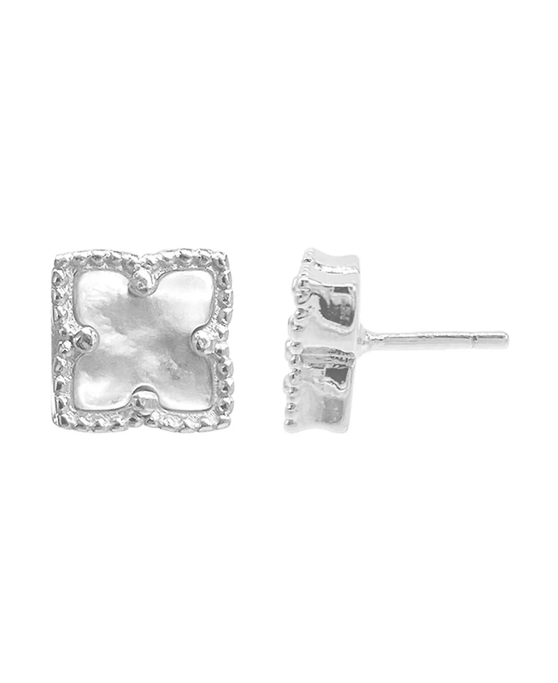 Adornia Silver Plated Flower White Imitation Mother of Pearl Stud Earrings