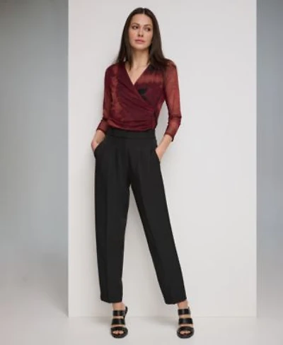 Dkny Womens 3 4 Sleeve Printed Mesh V Neck Top High Rise Pleated Roll Cuff Pants