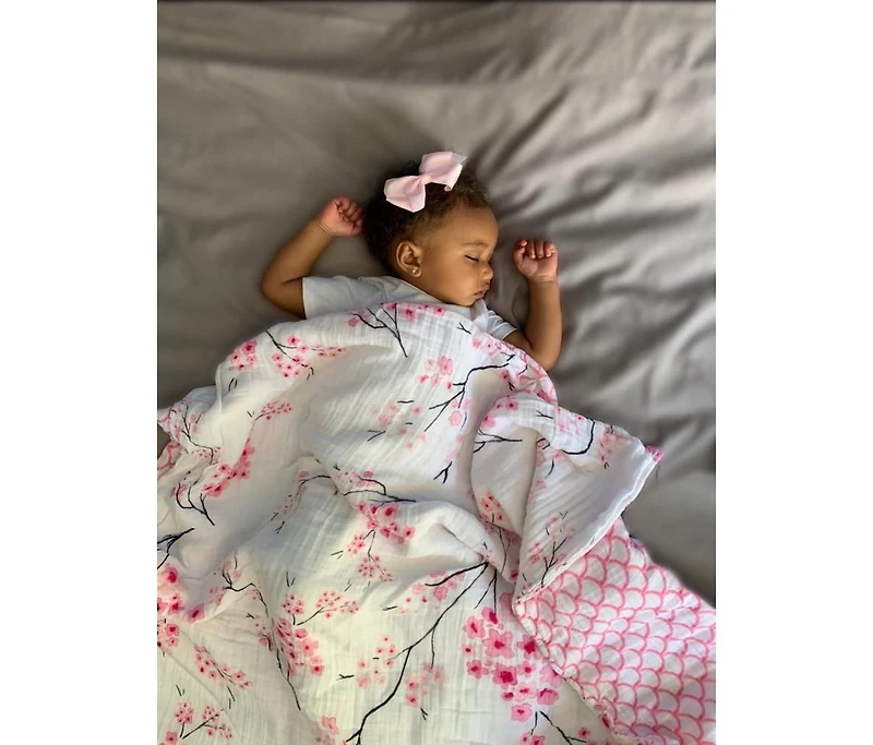 Malabar Baby Baby Certified Organic Muslin Four-Layer Reversible All Season Snug Blanket, Cherry Blossom
