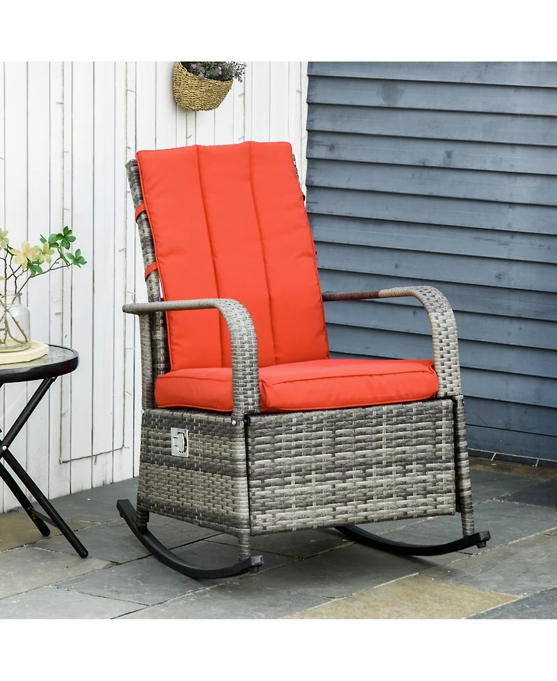 Outsunny Outdoor Rattan Wicker Rocking Chair Patio Recliner with Soft Cushion, Adjustable Footrest, Max. 135 Degree Backers, Red