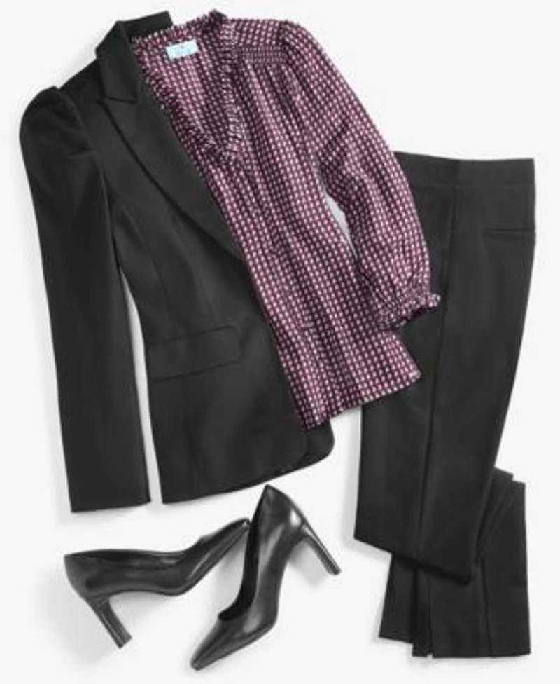 Cece Womens Puff Shoulder Open Front Long Sleeve Blazer Soft Texture V Neck Button Front Blouse Front Slit Straight Leg Pull On Ponte Pants