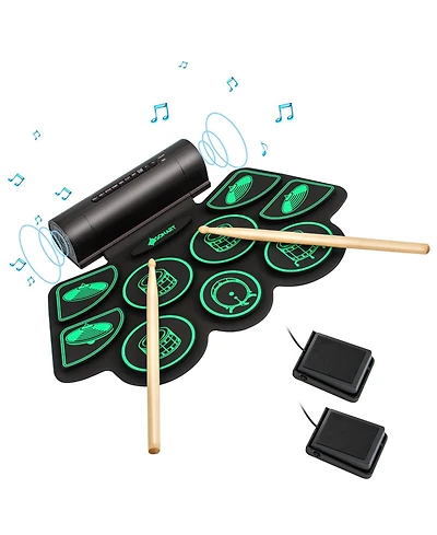 9 Pads Electronic Drum Set with Sticks & Pedals, Portable Roll-up Digital Kit