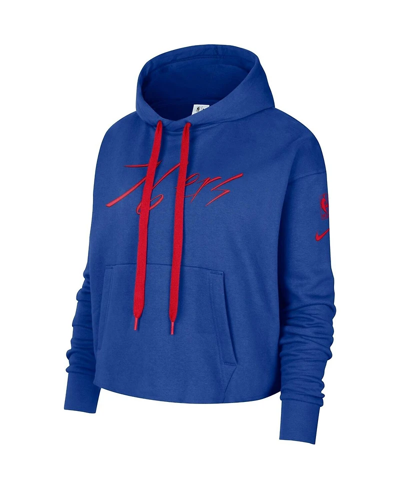 Women's Nike Royal Philadelphia 76ers Split Flip Courtside Cropped Pullover Hoodie