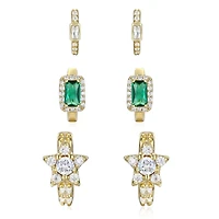 14k Gold Plated with Green & Cubic Zirconia Halo Star 3-Piece Hoop Earrings Set
