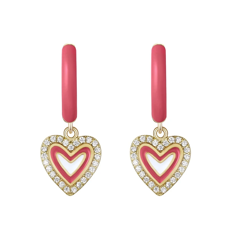 Kids/teens 14k Gold Plated with Cubic Zirconia & Magenta-Red Enamel Halo Heart Dangle Charm Hoop Earrings