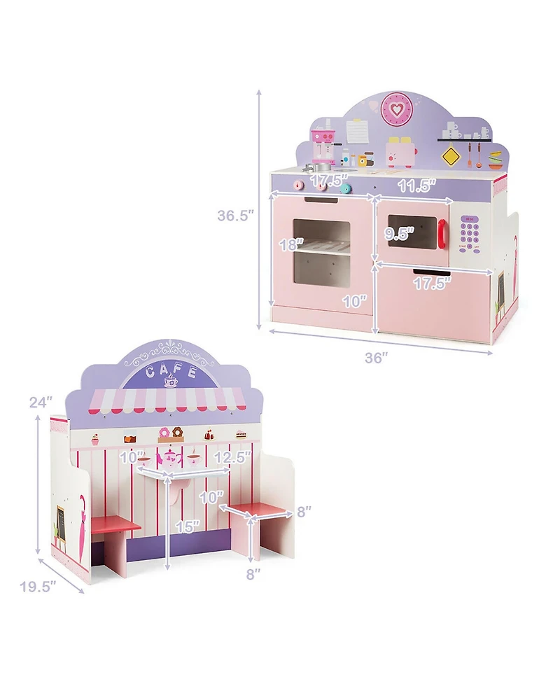 Costway 2 in 1 Kids Play Kitchen & Cafe Restaurant Wooden Pretend Cooking Playset Toy