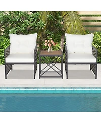 3 Pcs Patio Rattan Furniture Set Acacia Wood Coffee Table & 2 Chairs Backyard