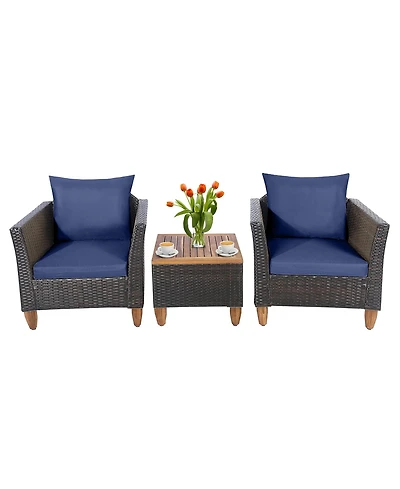 Costway 3PCS Patio Rattan Bistro Furniture Set Wood Table Top Cushion Sofa