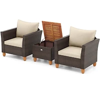 Costway 3PCS Patio Rattan Bistro Furniture Set Wood Table Top Cushion Sofa
