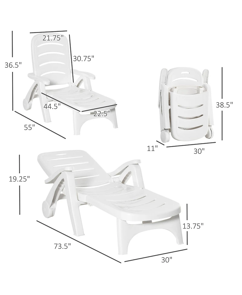 Outsunny Folding Chaise Lounge Chair on Wheels, Lightweight Plastic Patio Sun Recliner with 5 Position Backrest for Beach & Pool, White