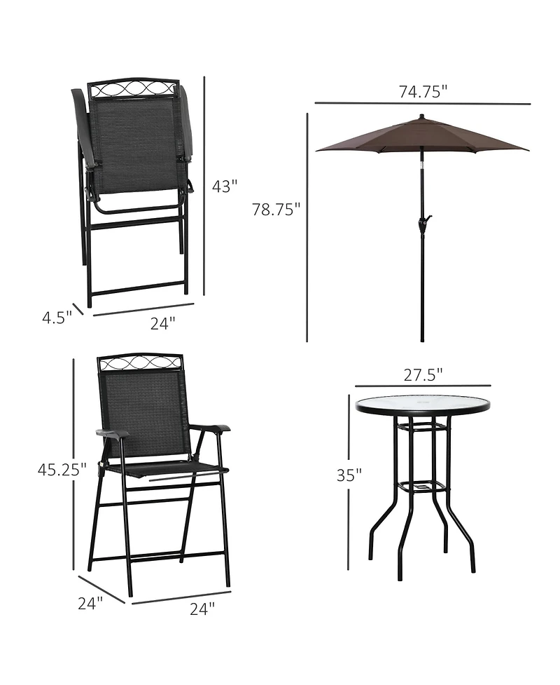 Outsunny 4 Piece Outdoor Patio Dining Furniture Set, 2 Folding Chairs, Adjustable Angle Umbrella, Wave Textured Tempered Glass Dinner Table