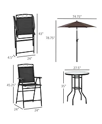 Outsunny 4 Piece Outdoor Patio Dining Furniture Set, 2 Folding Chairs, Adjustable Angle Umbrella, Wave Textured Tempered Glass Dinner Table