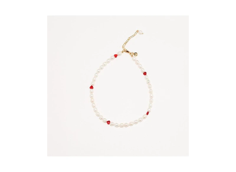 18K Gold Plated Freshwater Pearls with Charming Red Hearts - Akari Choker For Women