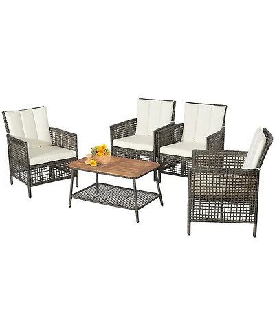 Costway 5PCS Patio Rattan Furniture Set Cushioned Sofa Armrest Wooden Tabletop