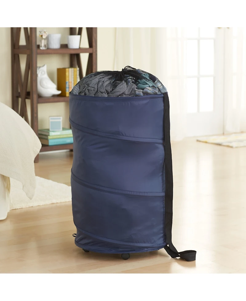 Household Essentials Rolling Pop Up Hamper, Drawstring Closure with Shoulder Strap and Removable Wheels