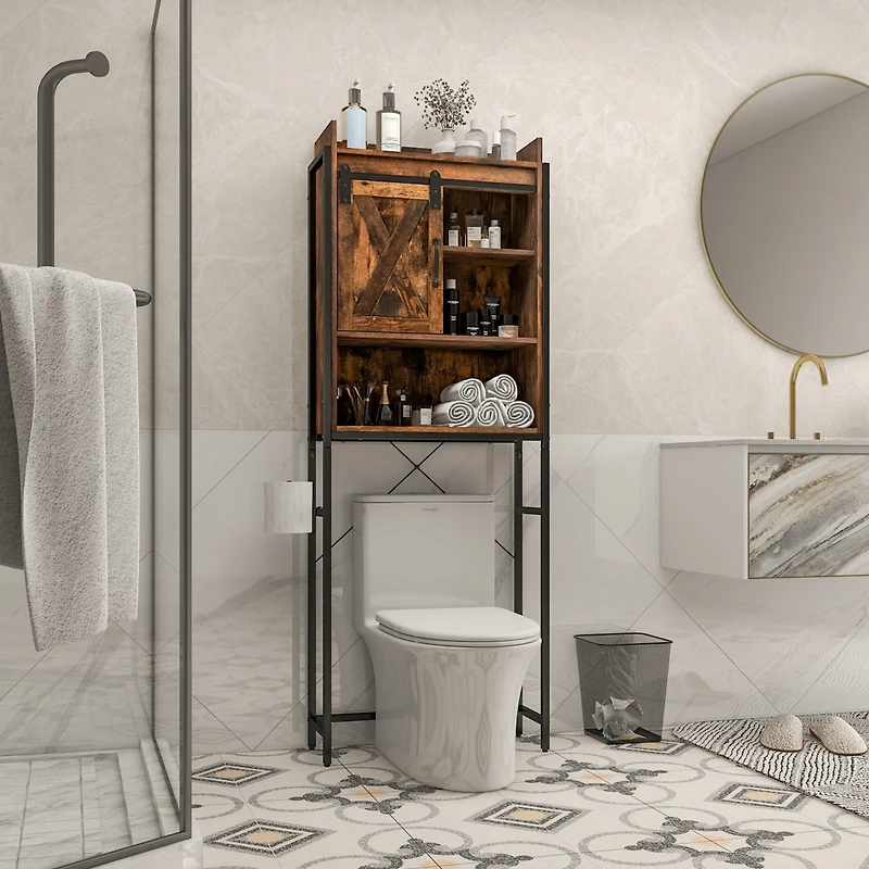 Over-The-Toilet Storage Cabinet Bathroom Organizer w/ Sliding Barn Door