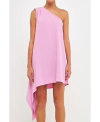 endless rose Women's Floral Print Shoulder Pintucked Asymmetrical Mini Dress