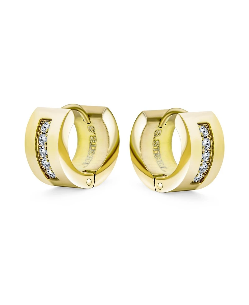 Unisex Channel Set 3 Row Cubic Zirconia Cz K-pop Wide Mini Hoop Huggie Earrings For Men Women Black Plated Steel Stainless