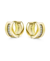 Unisex Channel Set 3 Row Cubic Zirconia Cz K-pop Wide Mini Hoop Huggie Earrings For Men Women Black Plated Steel Stainless