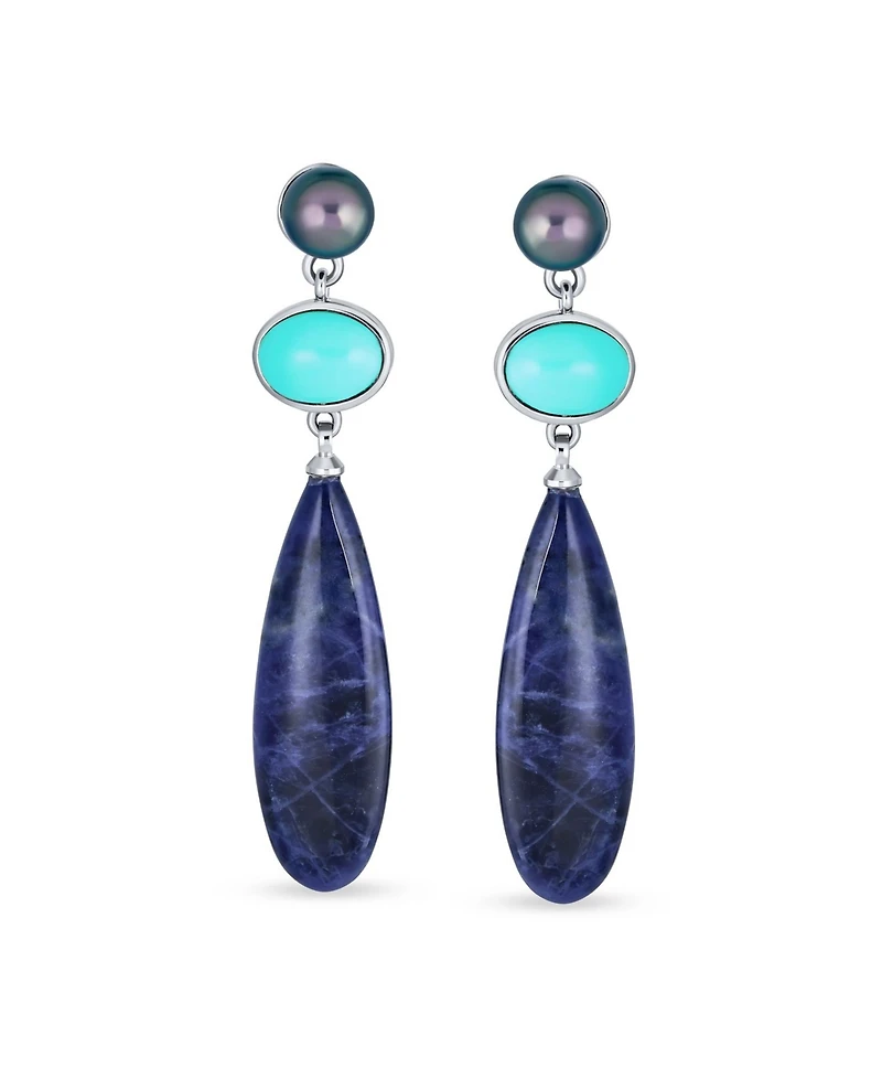 Bling Jewelry Multi Shape 3 Multi-Tier Dangling Cultured Freshwater Grey Pearl Blue Natural Turquoise Navy Sodalite Long Teardrop Earrings