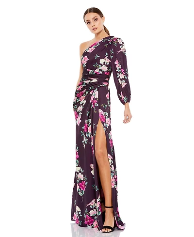 Mac Duggal Women's Ieena Plum Floral Print One Sleeve Gown