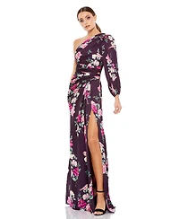 Mac Duggal Women's Ieena Plum Floral Print One Sleeve Gown
