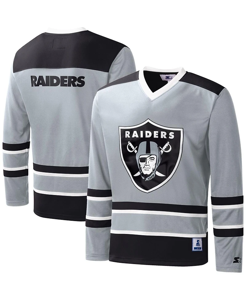 Men's Starter Silver Las Vegas Raiders Cross-Check V-Neck Long Sleeve T-shirt
