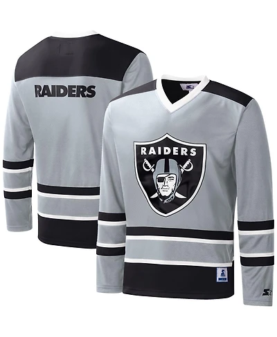 Men's Starter Silver Las Vegas Raiders Cross-Check V-Neck Long Sleeve T-shirt