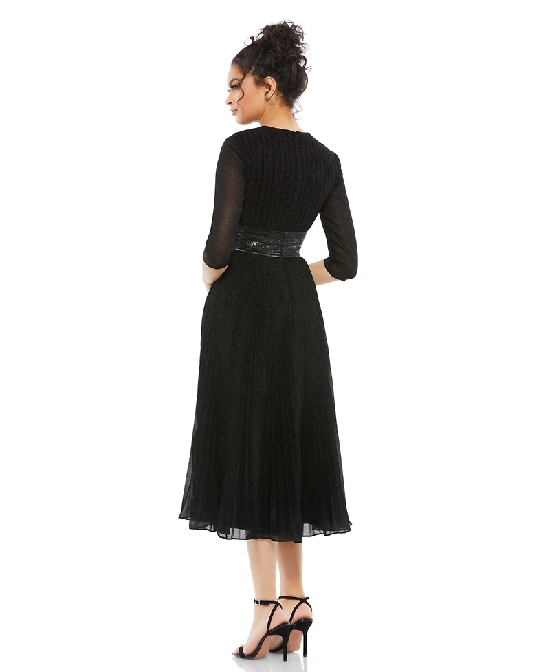 Mac Duggal Women's Shimmering 3/4 Sleeve A-Line Midi Dress