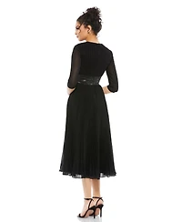 Mac Duggal Women's Shimmering 3/4 Sleeve A-Line Midi Dress