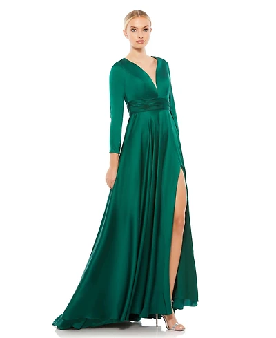 Mac Duggal Women's Ieena Long Sleeve Ruched Waist A-Line Gown
