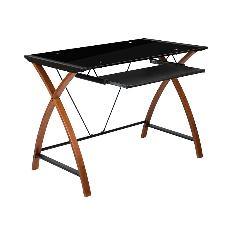 Glass Computer Desk-Pull-Out Keyboard Tray & Crisscross Frame
