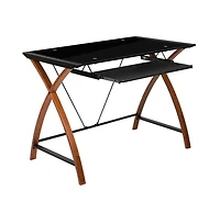 Glass Computer Desk-Pull-Out Keyboard Tray & Crisscross Frame