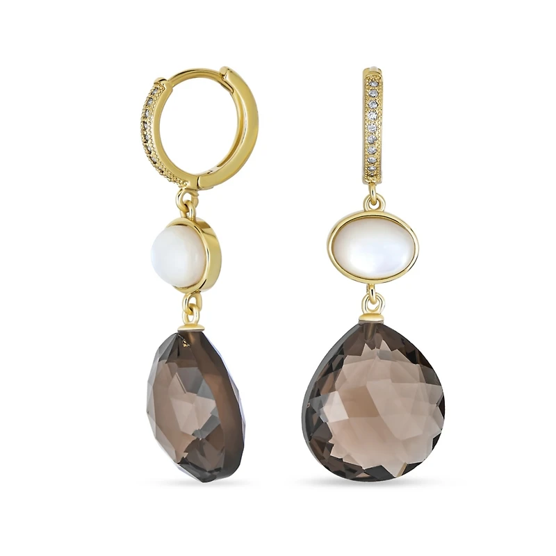 Bling Jewelry Briolette Chocolate Natural Brown Smoky Quartz Drop Hoop Earrings Gold Plated