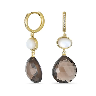 Bling Jewelry Briolette Chocolate Natural Brown Smoky Quartz Drop Hoop Earrings Gold Plated
