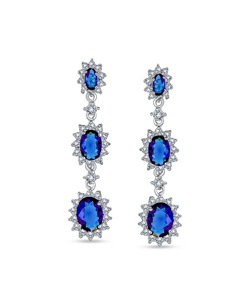 Bling Jewelry Long Royal Blue Triple Oval Halo Blue Cz Chandelier Earrings Cubic Zirconia Rhodium Plated Brass