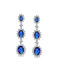 Bling Jewelry Long Royal Blue Triple Oval Halo Blue Cz Chandelier Earrings Cubic Zirconia Rhodium Plated Brass